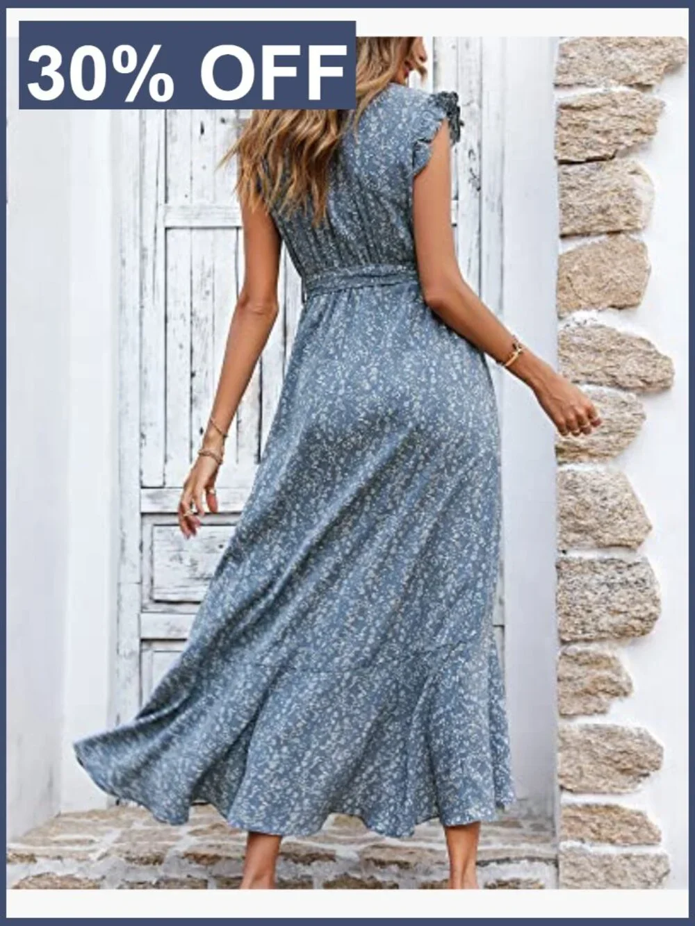 Boho Wrap Maxi Dress with Ruffle Sleeves and Self Tie Belt - Picture 4 of 7